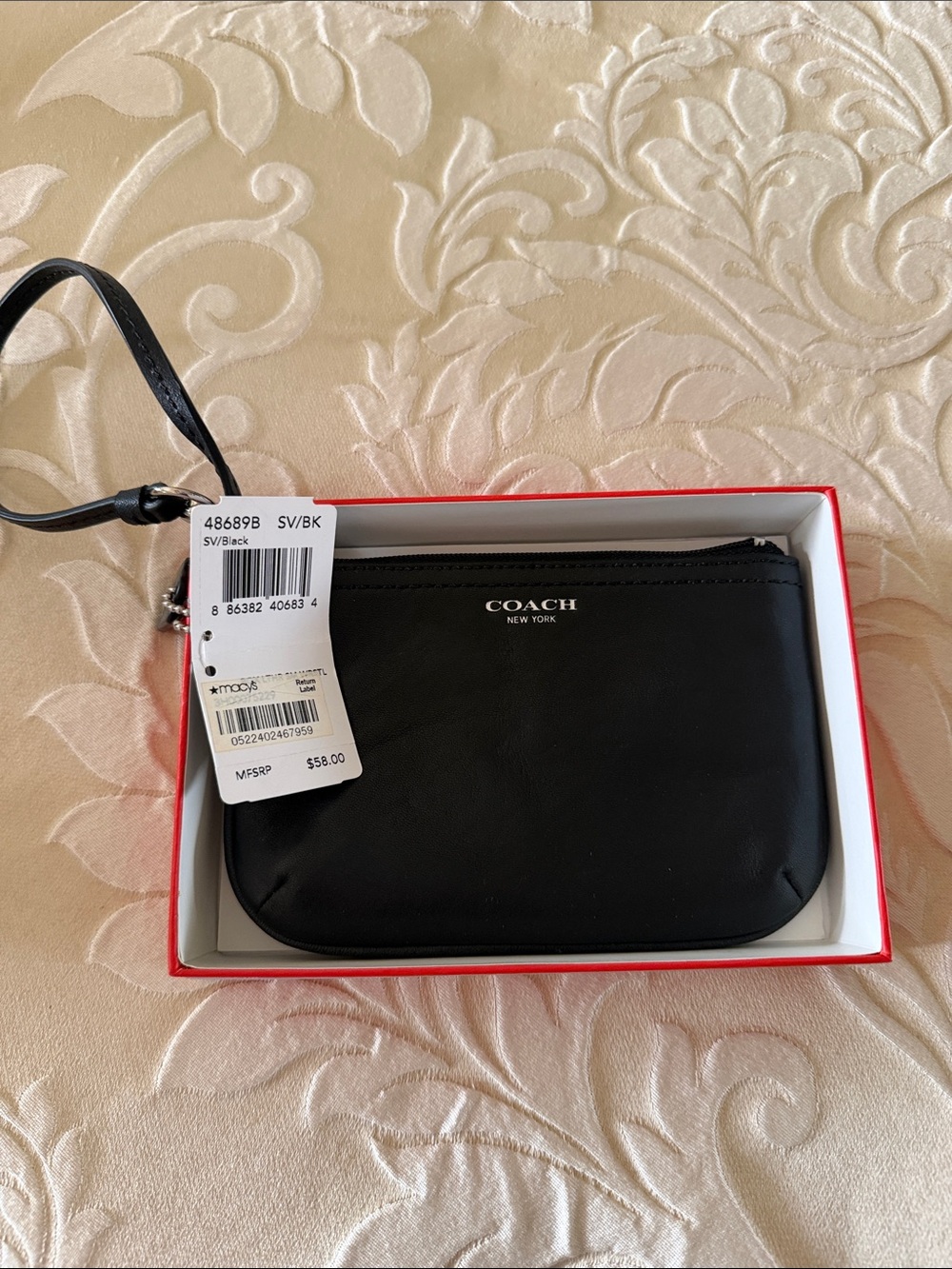 Coach Black Leather Zip Wristlet Pouch with Strap New in box